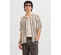 Kurzarmhemd JACK & JONES "JJEJEFF RESORT STRIPE SHIRT S/S SN", Herren, Gr. M, N-Gr, moonbeam, Web, Obermaterial: 100% Viskose, gestreift, normal, V-Ausschnitt, Hemden, Viskose, loose fit (58732241-M)