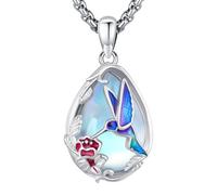 LOOVE S925 Sterling Silber Blume Kolibri Halskette für Frauen Oval Schwarzer Obsidian Mondstein Anhänger Muttertag Halskette für Mama Türkis Schmuck Geschenke, Sterling Silber, Kein Edelstein
