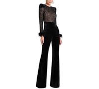 LoprNsdgt Damen Rundhalsausschnitt Textur Langarm Samt Elegant Hoch Tailliert Abend Party Jumpsuits,Schwarz,S