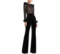LoprNsdgt Damen Rundhalsausschnitt Textur Langarm Samt Elegant Hoch Tailliert Abend Party Jumpsuits,Schwarz,XL