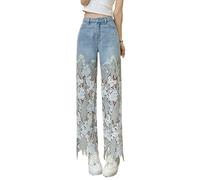 LoprNsdgt Damen Spitze Patchwork Hollow Out Jeans Hoch Taillierte Lässige Gerade Hose,Blau,M