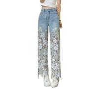 LoprNsdgt Damen Spitze Patchwork Hollow Out Jeans Hoch Taillierte Lässige Gerade Hose,Blau,XXL
