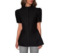 LoprNsdgt Damen Stehkragen Button-Down-Hemden Einfarbige Elegante Kurzarm-Tunika-Tops,Schwarz,M