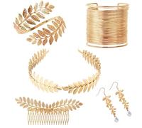 Lorbeerkranz Haarreif Kopfschmuck Gold Set, Griechische Göttin Goldener Schmuck Kostüm Zubehör Damen, Goldene Krone Stirnband Blatt Spule Oberarmreif Armband Ohrringe Metall Haarschmuck Accessoires