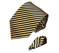 Lorenzo Cana - Marken 2 er Set aus 100% Seide - Fein gestreifte Gold Schwarze Seidenkrawatte mit Einstecktuch - 8436601