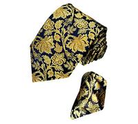 Lorenzo Cana - Mondaenes Set aus 100% Seide : Krawatte mit Einstecktuch - blau gold floral Blätter mit Tuch - 8421201