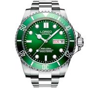 LOREO Herren-Armbanduhr, silberfarben, Edelstahl, Saphirglas, blaue drehbare Lünette, automatische Datumsanzeige, Wochenuhr, grün, Lässige Taucheruhr