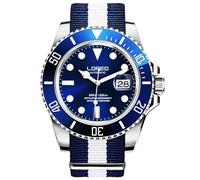 LOREO Herren-Automatikuhr, silberfarben, Edelstahl, Saphirglas, schwarz, drehbare Lünette, Blau/Nylon, Taucheruhr