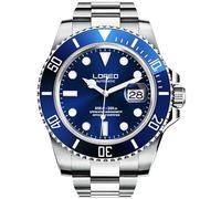 LOREO Herren Silber Edelstahl Saphirglas Schwarz Drehbare Lünette Herren Automatikuhr, Blaues Zifferblatt mit silberfarbenem Edelstahlband, Tauchen