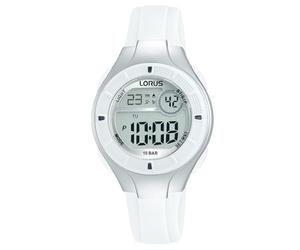 Lorus Digitale Multifunktionsuhr für Kinder, 100 m (31 mm), digitales Zifferblatt/weißes PU-Armband R2349PX9
