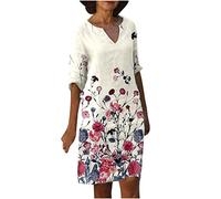 Loses Damenkleid für Frauen mit V-Ausschnitt, mittelärmeligen Damenkleidern, knielanger Rock, gerader Pullover, mit Blumenmuster