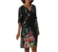 Loses Damenkleid für Frauen mit V-Ausschnitt, mittelärmeligen Damenkleidern, knielanger Rock, gerader Pullover, mit Blumenmuster