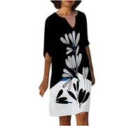 Loses Damenkleid für Frauen mit V-Ausschnitt, mittelärmeligen Damenkleidern, knielanger Rock, gerader Pullover, mit Blumenmuster