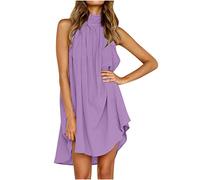 Loses Kleid aus Baumwolle und Leinen für Frauen mit Rollkragen, Neckholder, ärmelloser Rock, einfarbige Damenkleider, Plissee-Kleider