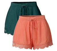 LOSSLO 2 Stück Shorts Damen Sommer -Kurze Hose Damen Strand -Spitzen Bermuda Damen Freizeitshorts Elegante Freizeit Hosen mit Spitze Weites Bein Strandshorts Elastischer Taille Hotpants für Frauen