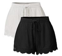 LOSSLO 2 Stück Shorts Damen Sommer -Kurze Hose Damen Strand -Spitzen Bermuda Damen Freizeitshorts Elegante Freizeit Hosen mit Spitze Weites Bein Strandshorts Elastischer Taille Hotpants für Frauen