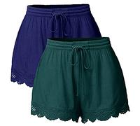 LOSSLO 2 Stück Shorts Damen Sommer -Kurze Hose Damen Strand -Spitzen Bermuda Damen Freizeitshorts Elegante Freizeit Hosen mit Spitze Weites Bein Strandshorts Elastischer Taille Hotpants für Frauen