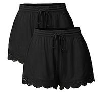 LOSSLO 2 Stück Shorts Damen Sommer -Kurze Hose Damen Strand -Spitzen Bermuda Damen Freizeitshorts Elegante Freizeit Hosen mit Spitze Weites Bein Strandshorts Elastischer Taille Hotpants für Frauen
