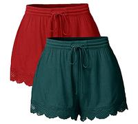 LOSSLO 2 Stück Shorts Damen Sommer -Kurze Hose Damen Strand -Spitzen Bermuda Damen Freizeitshorts Elegante Freizeit Hosen mit Spitze Weites Bein Strandshorts Elastischer Taille Hotpants für Frauen