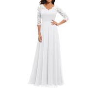 LOSSLO Abendkleid Damen Elegant, Cocktailkleid Damen Lang,Maxikleid Damen Sommer Kleid mit Spitze Brautjungfernkleider V Ausschnitt Plisseekleid Ballkleid Spitzenkleid 3/4 Arm Cocktailkleider