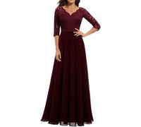 LOSSLO Abendkleid Damen Elegant, Cocktailkleid Damen Lang,Maxikleid Damen Sommer Kleid mit Spitze Brautjungfernkleider V Ausschnitt Plisseekleid Ballkleid Spitzenkleid 3/4 Arm Cocktailkleider