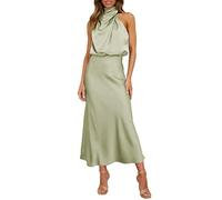 LOSSLO Abendkleid Damen Elegant, Neckholder Kleid Damen Lang,Cocktailkleid Damen Hochzeit Ärmellose Sommerkleid Kleider Hochzeitsgast Satinkleid Schulterfreies Cocktailkleider Eingarbig Abendkleider