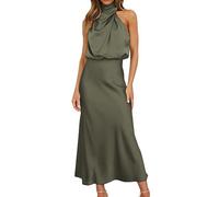 LOSSLO Abendkleid Damen Elegant, Satin Kleid Damen Lang,Cocktailkleid Damen Hochzeit Ärmellose Sommerkleid Neckholder Kleider Hochzeitsgast Satinkleid Abendkleider Schulterfreies Cocktailkleider