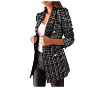 LOSSLO Blazer Damen Elegant,Kariert Longblazer Damen Herbst,Langarm Anzug Damen Business Karierter Mantel Anzüge Vintage Wintermantel Lang Arbeit Büro Jacke mit Taschen Winter Anzugjacke Wollmantel