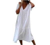 LOSSLO Blusenkleid Damen Sommer, Sommerkleider Damen Große Größen, Tunika Kleid Damen Midi Stufenkleid V Ausschnitt Hemdkleid Kurzarm Strandkleid Midikleid Einfarbig Shirtkleider Hemdblusenkleid
