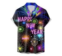 LOSSLO Hemd Herren Kurzarm,Freizeithemd Herren Regular Fit,Sommerhemd Herren Hemden Button Down Shirts HAPPY NEW YEAR Drucken Stehkragenhemd Casual Freizeithemden für Männer Freizeit Festliches Party