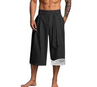 LOSSLO Japanische Kimono Hose Herren Leinen Taro Hose Lässig Traditionelle Japanische Kleidung Locker Japanischer Stil Locker Caprihose Sommer Leicht und Luftig Capri Hosen Casual Leinenhose