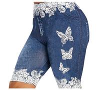 LOSSLO Jeans Short Damen Sommer,Kurze Jeanshose Damen High Waist,Spitze Denim Bermuda Damen Schmetterling Sommershorts Freizeithose Hosen Sport Yogahose Hotpants mit Taschen Bermudashorts Slim Fit