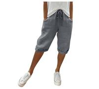 LOSSLO Leinenhose Damen Knielang Sommerhose Leicht Bermuda Shorts Sommer Freizeithose Kurze Hosen Luftig Damenhose mit Gummizug Relaxhose Sommerhosen mit Tasche Leinenhosen Lounge Hose