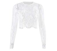 LOSSLO Mesh Oberteil Damen Mesh Top Damen Langarm Spitzen Netzoberteil Sexy Crop Tops mit Spitze Transparent Netsztoff Tüll Langarmshirt Kurz Netzshirt Durchsichtige Sheer Mesh Bluse Netz Shirts