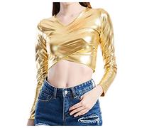 LOSSLO Metallic Oberteile Damen -Crop Tops Langarm Langarmshirt V-Ausschnitt T Shirt Bauchfreies Top Oberteil Party Cropped Tee Shirts Slim Fit Tunika Festliche Blusen Clubwear für Frauen