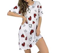 LOSSLO Nachthemd Damen Kurzarm,Schlafshirt Negligee Nachtwäsche Kurz Rundhals Nachtshirt Unterkleid Bequem Dessous-Set mit Herz Muster Schlafhemd Schlafkleid Sleepshirt Nachthemden für Frauen