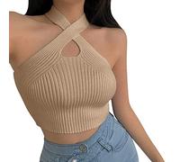 LOSSLO Neckholder Top Damen,Stricktop Damen Herbst,Crop Tops Damen Sexy Tank Top Eng Trägertop Cut Out Strick Top Slim Fit Tanktop Unterhemd Weste Mode Twist Cropped Top Einfarbig Blusentops Ärmellos