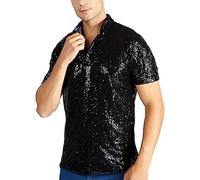LOSSLO Pailletten Hemd Herren Kurzarm,Glitzerhemd Herren Polo Shirt,Glitzer Hemd Herren Slim Fit T-Shirt Karneval Kostüm Poloshirt T-Shirt 70er 80er Disco Faschings Party Kostüm Glitzer Outfit Männer