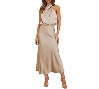LOSSLO Satin Neckholder Kleid Damen-Abendkleid Damen Lang-Cocktailkleid Elegant Einfarbig Rotes Abendkleider Hohe Taille Festliche Kleider Ballkleider Mode Schön Italienische Casual Loose Partykleid
