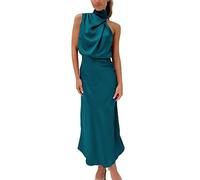 LOSSLO Satin Neckholder Kleid Damen-Abendkleid Damen Lang-Cocktailkleid Elegant Einfarbig Rotes Abendkleider Hohe Taille Festliche Kleider Ballkleider Mode Schön Italienische Casual Loose Partykleid