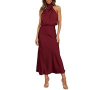 LOSSLO Satin Neckholder Kleid Damen-Abendkleid Damen Lang-Cocktailkleid Elegant Einfarbig Rotes Abendkleider Hohe Taille Festliche Kleider Ballkleider Mode Schön Italienische Casual Loose Partykleid