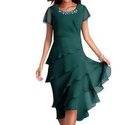 LOSSLO Sommerkleid Damen Knielang, Chiffonkleid Damen Sommer,Freizeitkleid Damen Elegant Volantkleider Kurzarm Rundhals Chiffon Kleider Stufenkleid Swing Kleid Damenkleid Sommerkleider für Frauen