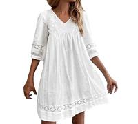 LOSSLO Sommerkleid Damen Leicht -Mini Kleid Sommer Freizeitkleid A Linien Strandkleid Luftig Bohemian Freizeitkleider Weiß Kleider V-Ausschnitt Damenkleid Kurzärmeliges Lose Strandkleider für Frauen