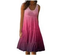 LOSSLO Sommerkleider Damen Knielang, Trägerkleid Damen Sommer,Strandkleid Damen Luftig Stufenkleid U Ausschnitt Ärmelloses Kleid Pliseekleider Swing Kleider Farbverlauf Tank Kleid Freizeitkleid