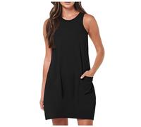 LOSSLO Sommerkleider Damen Kurz, Minikleid Damen Sommer,Sportliche Kleider Damen Ärmelloses Freizeitkleid Tank Kleid mit Tasche Trägerkleid Rundhals Tank Kleid Sportkleid Strandkleid Baumwollkleid
