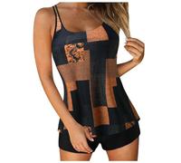 LOSSLO Tankini Damen Set Farbblock Zweiteiliger Badeanzug String Tankinis Oberteil U Ausschnitt Top Gepolstert mit Shorts Freizeit Swimsuit Geteilter Badeanzug Bademode Sommer Schwimmanzug