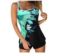 LOSSLO Tankini Damen Set Farbblock Zweiteiliger Badeanzug String Tankinis Oberteil U Ausschnitt Top Gepolstert mit Shorts Freizeit Swimsuit Geteilter Badeanzug Bademode Sommer Schwimmanzug