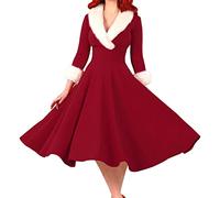 LOSSLO Weihnachtskleid Damen Elegant,Partykleid Damen Langarm,Rockabilly Kleider Damen V-Ausschnitt Weihnachts Kleider A Linie Weihnachtskleider Plüsch Cocktailkleid Midikleid Frauen Winterkleid Warm