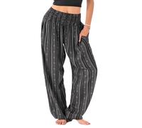 Lotus and Luna Haremshose für Damen, Thai-Hose für Strand und Lounge, hohe Taille, fließende Boho-Hose, Geniehose, Yogahose, Vintage-Schwarz-Weiß-Overlay, Small Zierlich