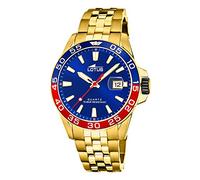 Lotus Watch, Herrenuhr aus Edelstahl in Gold mit Einer Größe von 45mm und einem blauen Ziffernblatt, blau rote Lünette, 10Bar, Datumsanzeige,18770/3